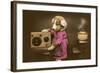 Puppy in Apron with Radio Receiver-null-Framed Art Print