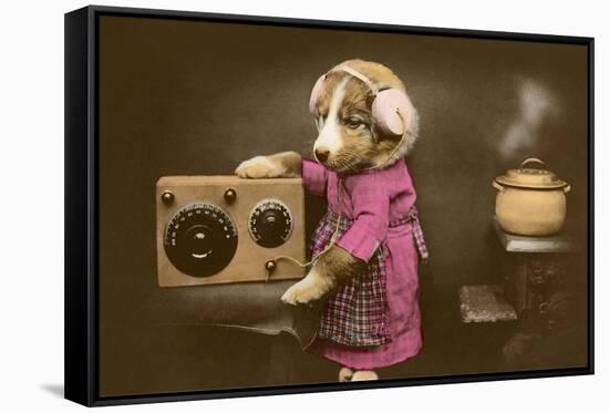 Puppy in Apron with Radio Receiver-null-Framed Stretched Canvas