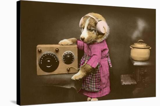 Puppy in Apron with Radio Receiver-null-Stretched Canvas