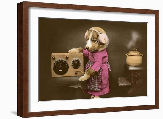 Puppy in Apron with Radio Receiver-null-Framed Art Print