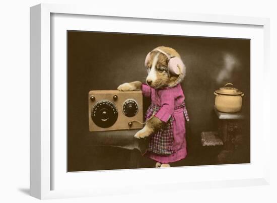 Puppy in Apron with Radio Receiver-null-Framed Art Print