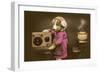 Puppy in Apron with Radio Receiver-null-Framed Art Print