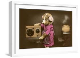 Puppy in Apron with Radio Receiver-null-Framed Art Print