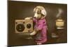 Puppy in Apron with Radio Receiver-null-Mounted Art Print