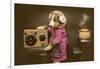 Puppy in Apron with Radio Receiver-null-Framed Art Print