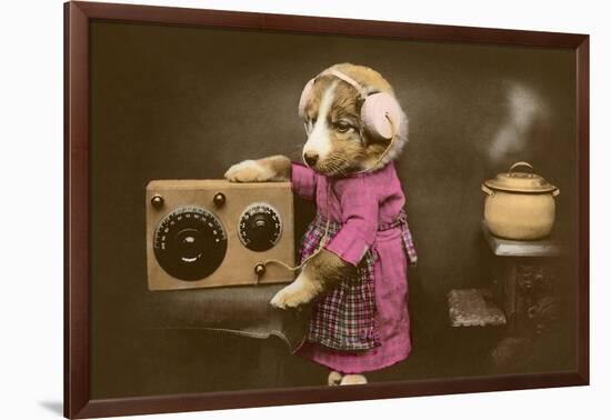 Puppy in Apron with Radio Receiver-null-Framed Art Print