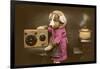 Puppy in Apron with Radio Receiver-null-Framed Art Print