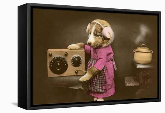 Puppy in Apron with Radio Receiver-null-Framed Stretched Canvas