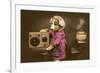 Puppy in Apron with Radio Receiver-null-Framed Art Print