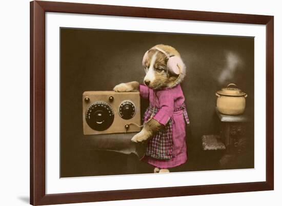 Puppy in Apron with Radio Receiver-null-Framed Art Print