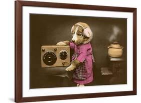 Puppy in Apron with Radio Receiver-null-Framed Art Print