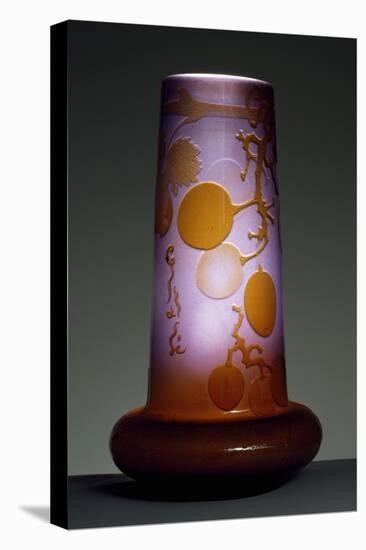 Purple Cameo Glass Vase with Globular Base and Cylindrical Neck with Grape Engravings-Emile Galle-Stretched Canvas