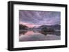 Purple sky at sunset and wooden huts are reflected in the clear water of Kochelsee, Schlehdorf, Bav-Roberto Moiola-Framed Photographic Print