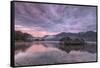 Purple sky at sunset and wooden huts are reflected in the clear water of Kochelsee, Schlehdorf, Bav-Roberto Moiola-Framed Stretched Canvas