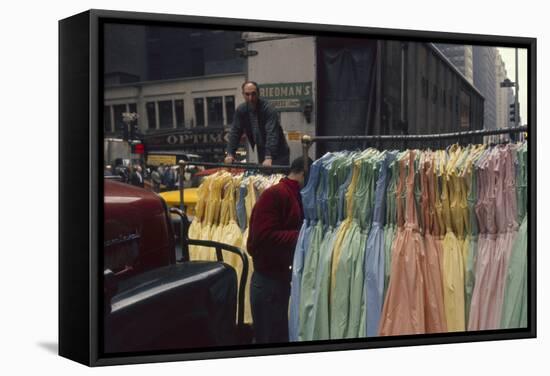 Push Boys Steer Racks of Dresses across Road in the Garment District, New York, New York, 1960-Walter Sanders-Framed Stretched Canvas