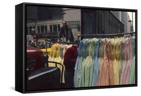 Push Boys Steer Racks of Dresses across Road in the Garment District, New York, New York, 1960-Walter Sanders-Framed Stretched Canvas