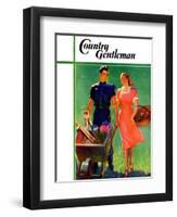 "Pushing Her Wheelbarrow," Country Gentleman Cover, April 1, 1938-F. Sands Brunner-Framed Premium Giclee Print