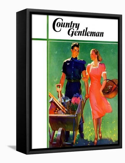 "Pushing Her Wheelbarrow," Country Gentleman Cover, April 1, 1938-F. Sands Brunner-Framed Stretched Canvas