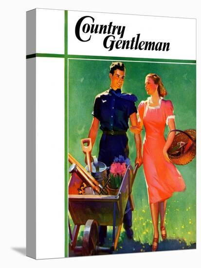 "Pushing Her Wheelbarrow," Country Gentleman Cover, April 1, 1938-F. Sands Brunner-Stretched Canvas