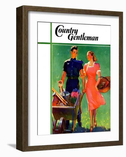 "Pushing Her Wheelbarrow," Country Gentleman Cover, April 1, 1938-F. Sands Brunner-Framed Giclee Print