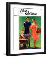 "Pushing Her Wheelbarrow," Country Gentleman Cover, April 1, 1938-F. Sands Brunner-Framed Giclee Print