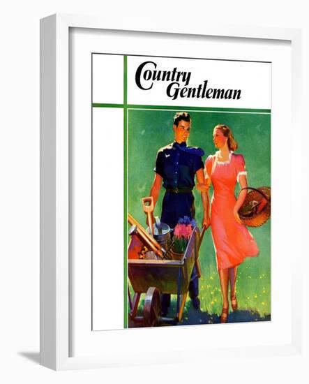 "Pushing Her Wheelbarrow," Country Gentleman Cover, April 1, 1938-F. Sands Brunner-Framed Giclee Print