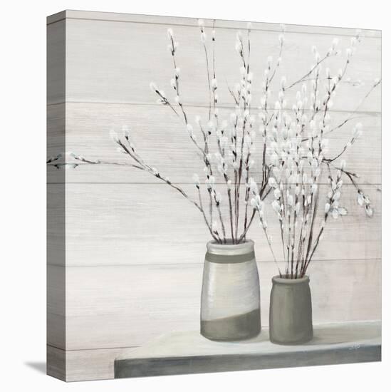 Pussy Willow Still Life Gray Pots Shiplap-Julia Purinton-Stretched Canvas