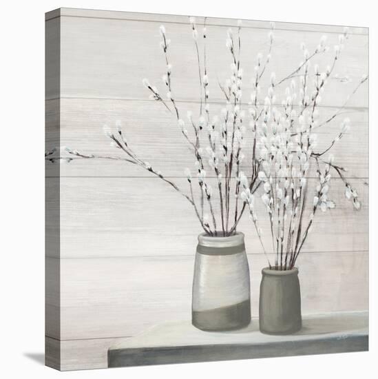 Pussy Willow Still Life Gray Pots Shiplap-Julia Purinton-Stretched Canvas