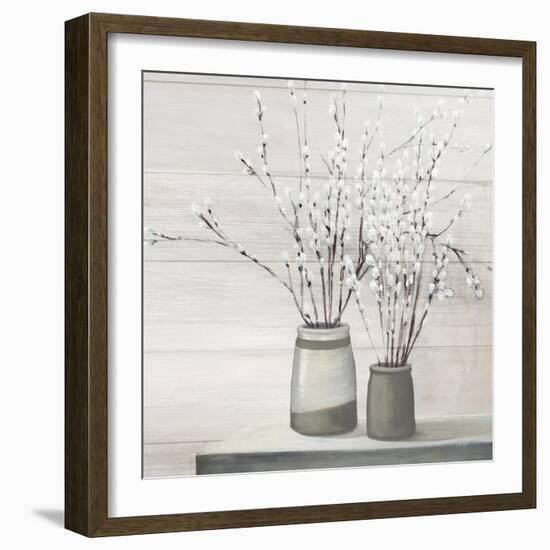 Pussy Willow Still Life Gray Pots Shiplap-Julia Purinton-Framed Art Print