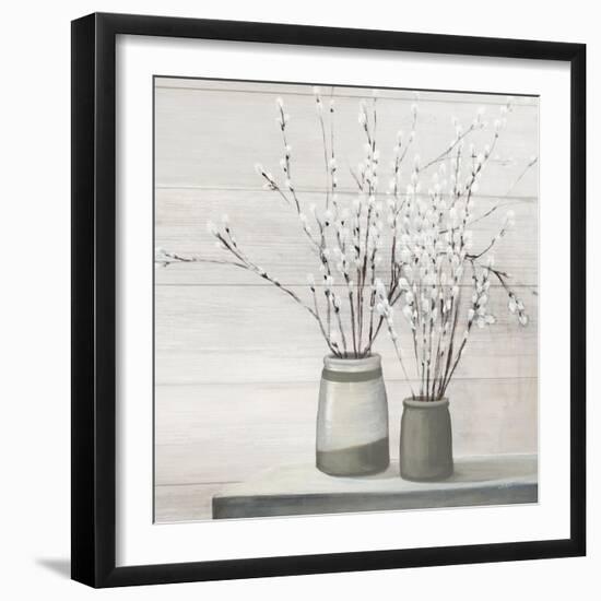 Pussy Willow Still Life Gray Pots Shiplap-Julia Purinton-Framed Art Print