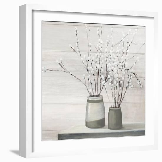 Pussy Willow Still Life Gray Pots Shiplap-Julia Purinton-Framed Art Print