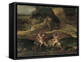 Putti Fighting on Goats-Nicolas Poussin-Framed Stretched Canvas