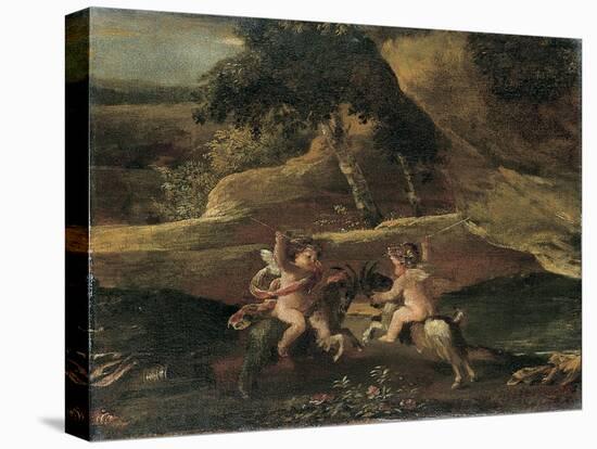 Putti Fighting on Goats-Nicolas Poussin-Stretched Canvas