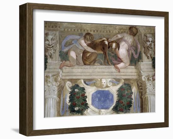 Putti with a Greyhound, Fruit Festoons and Mascarons, 1569-70-Giovanni Battista Zelotti-Framed Giclee Print