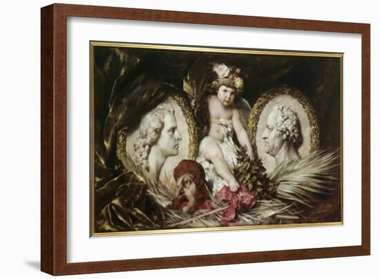 Putto with Medallion Portraits of Friedrich Von Schiller and Johann Wolfgang Von Goethe, 1881-Ferdinand Keller-Framed Giclee Print