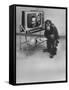 Puzzled Orangutan Standing Next to TV Set Playing the Image of President Richard Nixon-Yale Joel-Framed Stretched Canvas