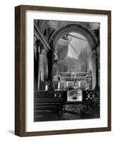 Pvt. Paul Oglesby, 30th Infantry, Standing in Reverence Before Altar in Damaged Catholic Church-Benson-Framed Photographic Print