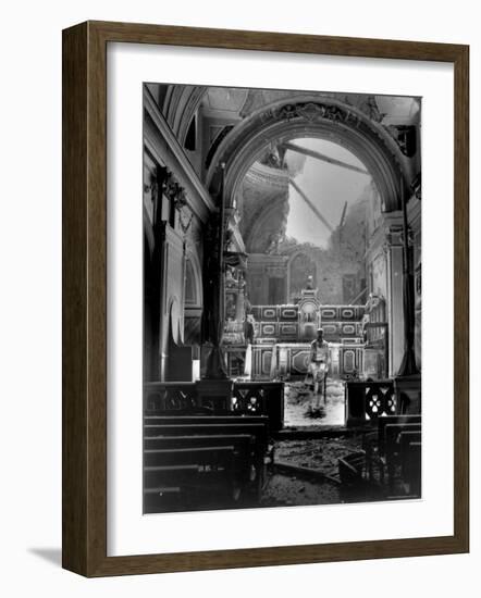 Pvt. Paul Oglesby, 30th Infantry, Standing in Reverence Before Altar in Damaged Catholic Church-Benson-Framed Photographic Print