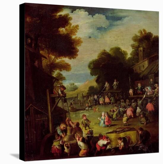 Pygmies at a Fair Water from a Well in the Foreground and Watching Theatrical Performances Beyond-Faustino Bocchi-Stretched Canvas