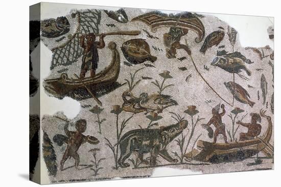 Pygmies, Fish, Ducks and Hippopotamus, Detail from Mosaic Depicting Nilotic Landscape-null-Stretched Canvas