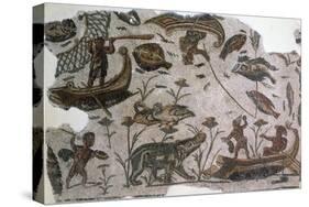 Pygmies, Fish, Ducks and Hippopotamus, Detail from Mosaic Depicting Nilotic Landscape-null-Stretched Canvas