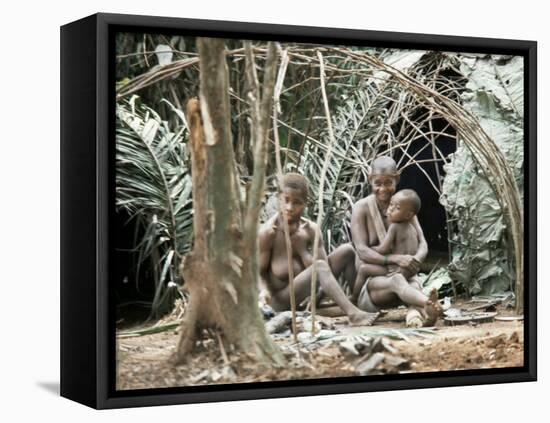 Pygmy Women and Children Outside Huts, Central African Republic, Africa-Ian Griffiths-Framed Stretched Canvas