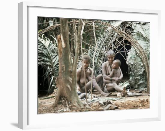 Pygmy Women and Children Outside Huts, Central African Republic, Africa-Ian Griffiths-Framed Photographic Print