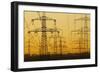 Pylons and power lines in morning light, Germany, Europe-Hans-Peter Merten-Framed Photographic Print