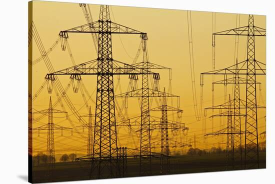 Pylons and power lines in morning light, Germany, Europe-Hans-Peter Merten-Stretched Canvas