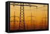 Pylons and power lines in morning light, Germany, Europe-Hans-Peter Merten-Framed Stretched Canvas