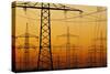 Pylons and power lines in morning light, Germany, Europe-Hans-Peter Merten-Stretched Canvas