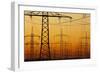 Pylons and power lines in morning light, Germany, Europe-Hans-Peter Merten-Framed Photographic Print