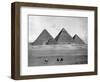 Pyramids and Three Riders on Camels Photograph - Egypt-Lantern Press-Framed Art Print