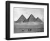 Pyramids and Three Riders on Camels Photograph - Egypt-Lantern Press-Framed Art Print